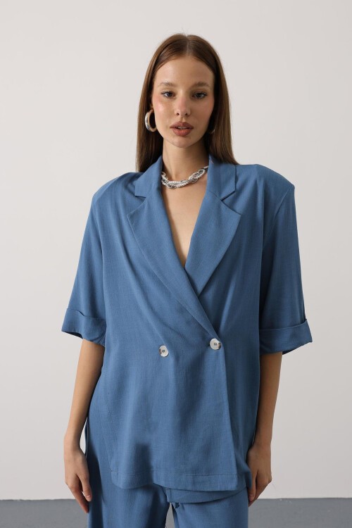 İndigo Yarım Kol Oversize Yırtmaçlı Ceket