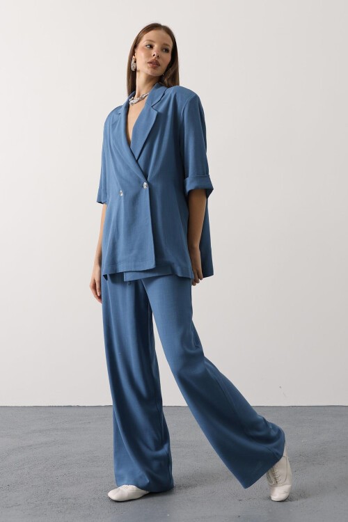 İndigo Yarım Kol Oversize Yırtmaçlı Ceket