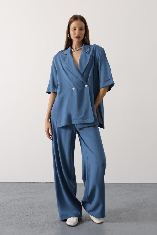 İndigo Yarım Kol Oversize Yırtmaçlı Ceket