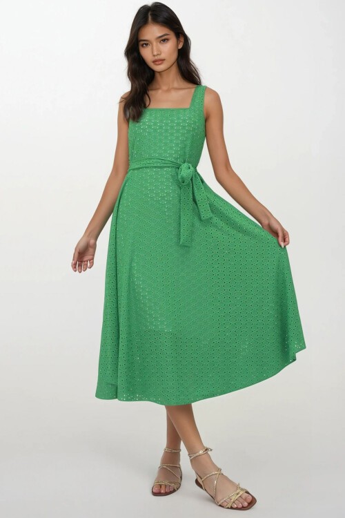 Yeşil Kare Yaka Askılı İçi Astarlı Maxi Boy Fisto Elbise