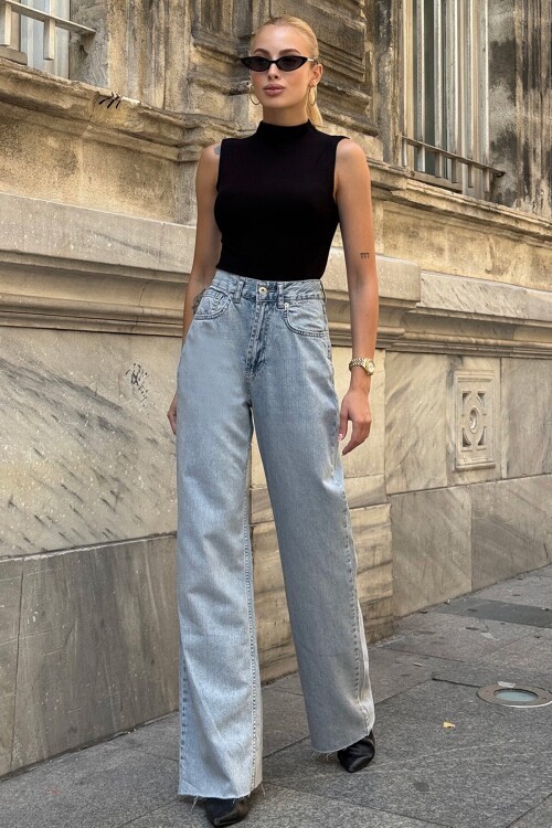 Açık Mavi 5 Cepli Paçası Püsküllü Bol Paça Jean