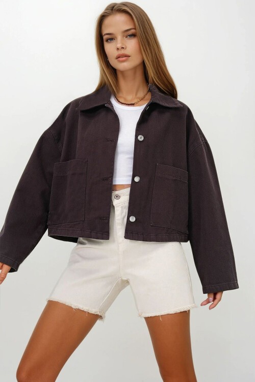 Acı Kahve Torba Cepli Crop Jean Ceket