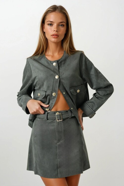 Haki Altın Tokalı Kemerli Süet Görünümlü Mini Etek