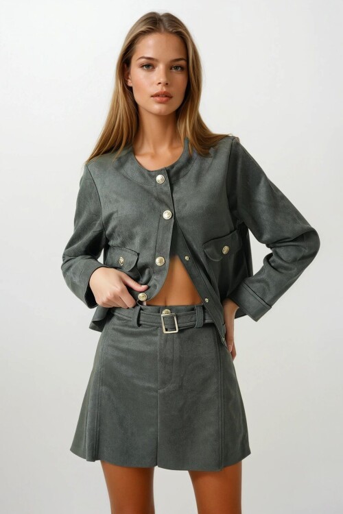 Haki Altın Tokalı Kemerli Süet Görünümlü Mini Etek