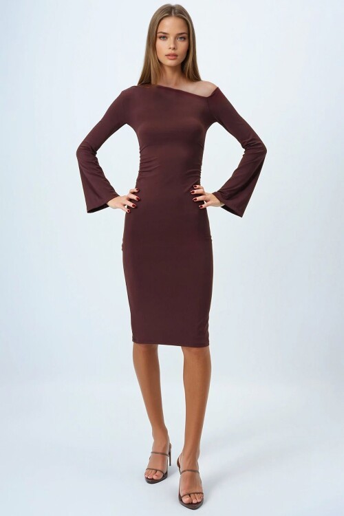 Kahverengi Asimetrik Yaka Basic Sandy Elbise