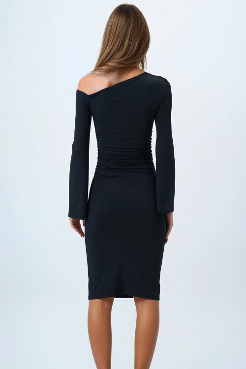 Siyah Asimetrik Yaka Basic Sandy Elbise