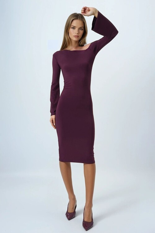 Mürdüm Asimetrik Yaka Basic Sandy Elbise