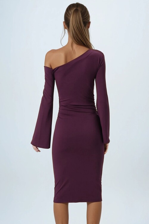 Mürdüm Asimetrik Yaka Basic Sandy Elbise