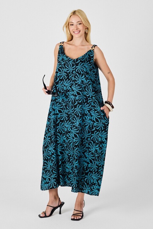 Cam Göbeği Askılı Boncuk Detaylı Çift Cepli Desenli Salaş Elbise