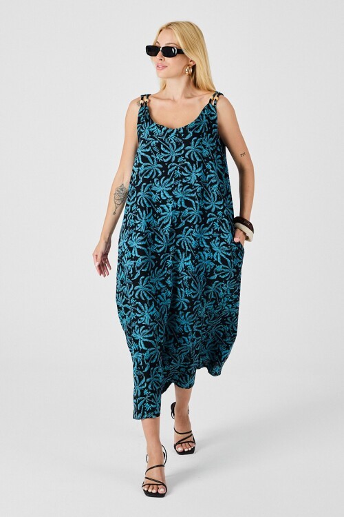 Cam Göbeği Askılı Boncuk Detaylı Çift Cepli Desenli Salaş Elbise