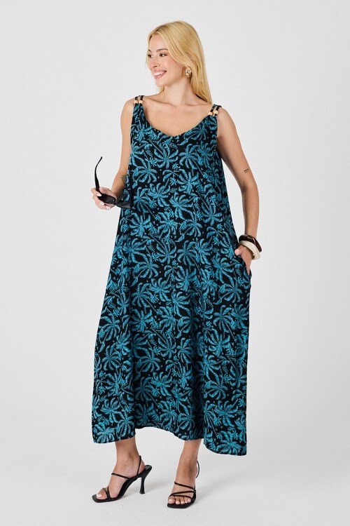 Cam Göbeği Askılı Boncuk Detaylı Çift Cepli Desenli Salaş Elbise