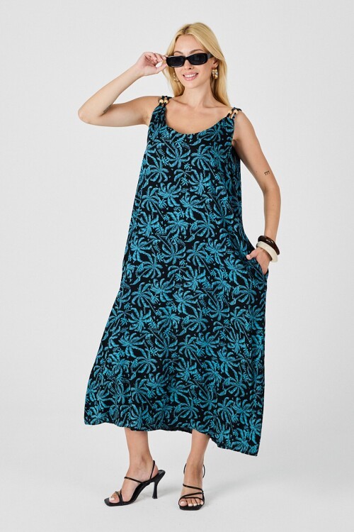 Cam Göbeği Askılı Boncuk Detaylı Çift Cepli Desenli Salaş Elbise