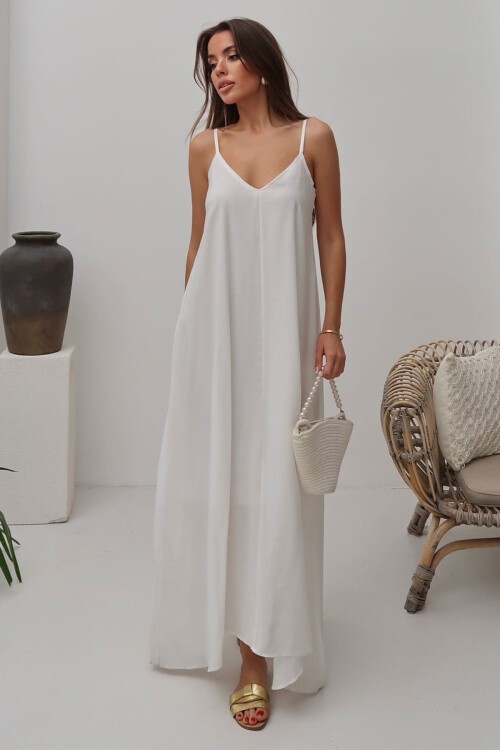Beyaz V Yaka Askılı Uzun Astarlı Salaş Elbise