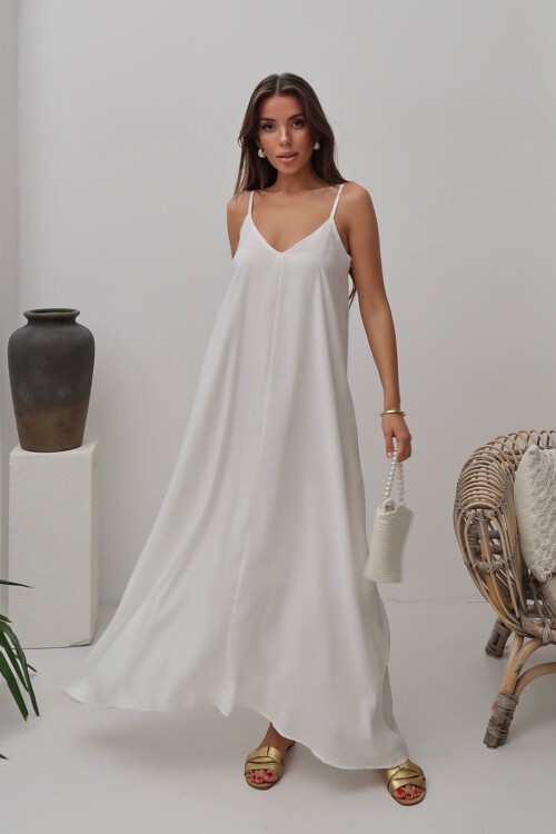 Beyaz V Yaka Askılı Uzun Astarlı Salaş Elbise