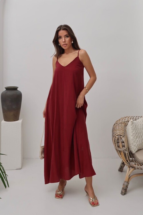 Bordo V Yaka Askılı Uzun Astarlı Salaş Elbise
