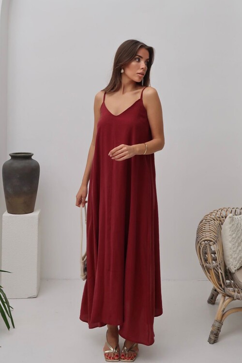Bordo V Yaka Askılı Uzun Astarlı Salaş Elbise