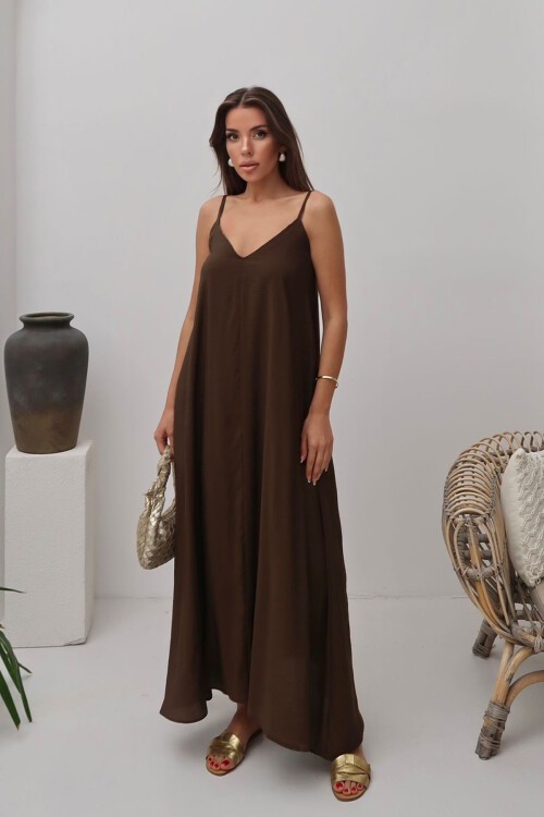 Acı Kahve V Yaka Askılı Uzun Astarlı Salaş Elbise