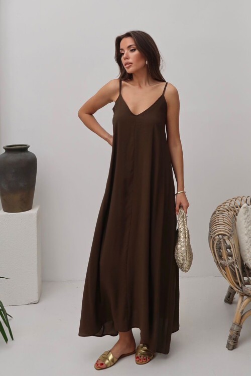 Acı Kahve V Yaka Askılı Uzun Astarlı Salaş Elbise