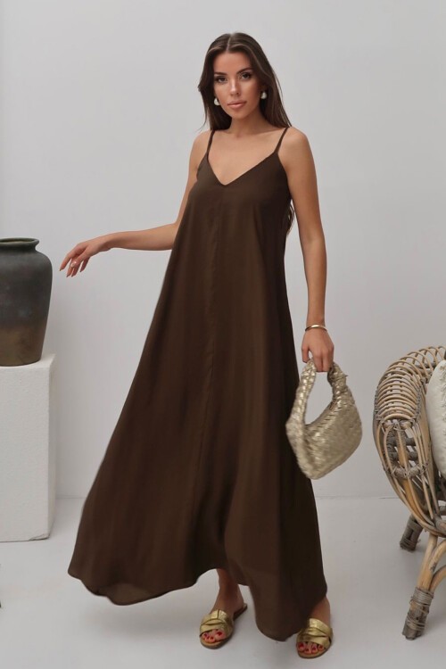 Acı Kahve V Yaka Askılı Uzun Astarlı Salaş Elbise