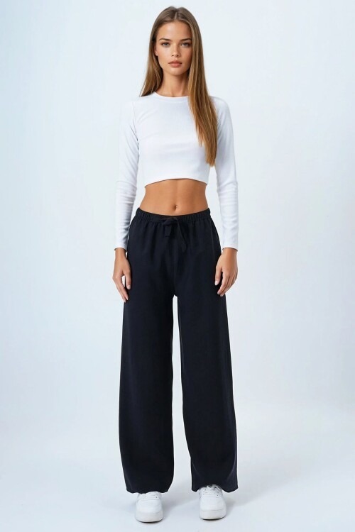 Antrasit Bağcıklı Beli Lastikli Palazzo Pantolon