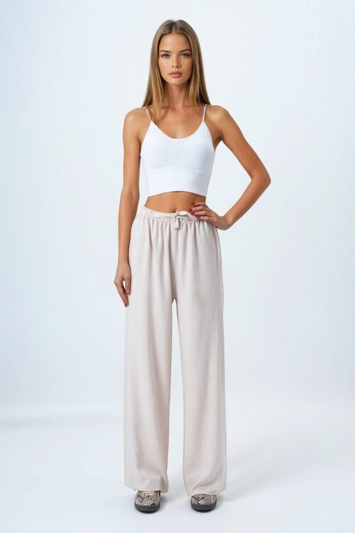 Bej Bağcıklı Beli Lastikli Palazzo Pantolon