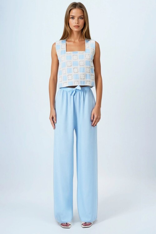 Bebe Mavi Bağcıklı Beli Lastikli Palazzo Pantolon