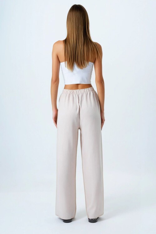 Bej Bağcıklı Beli Lastikli Palazzo Pantolon