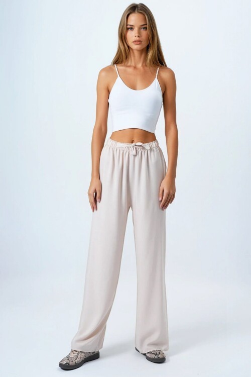 Bej Bağcıklı Beli Lastikli Palazzo Pantolon