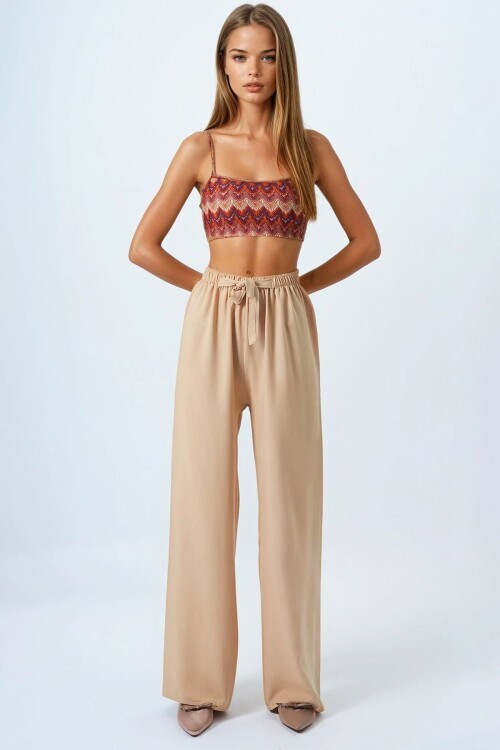 Camel Bağcıklı Beli Lastikli Palazzo Pantolon