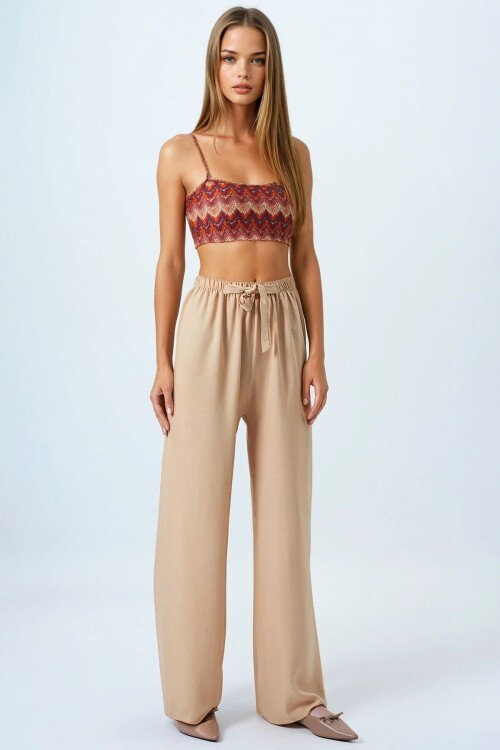 Camel Bağcıklı Beli Lastikli Palazzo Pantolon