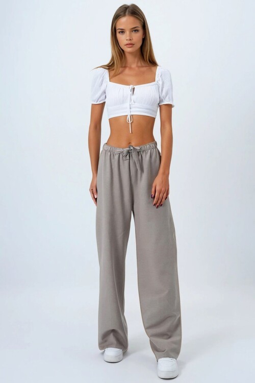 Gri Bağcıklı Beli Lastikli Palazzo Pantolon