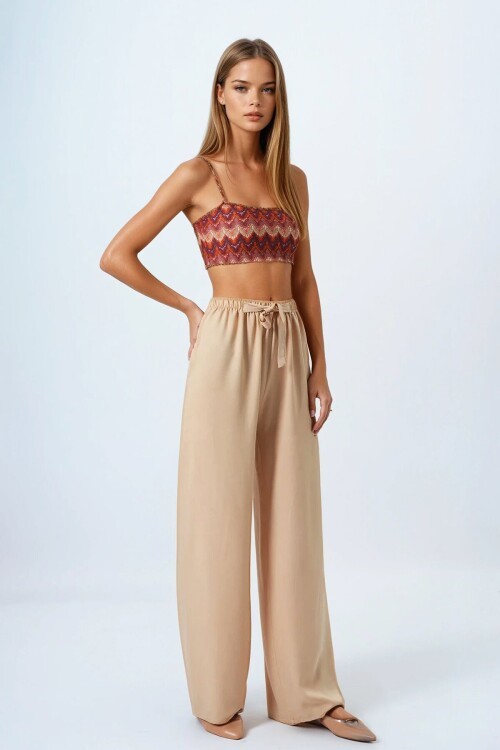 Camel Bağcıklı Beli Lastikli Palazzo Pantolon