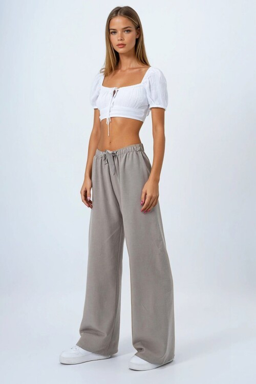 Gri Bağcıklı Beli Lastikli Palazzo Pantolon