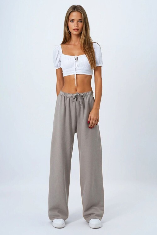 Gri Bağcıklı Beli Lastikli Palazzo Pantolon
