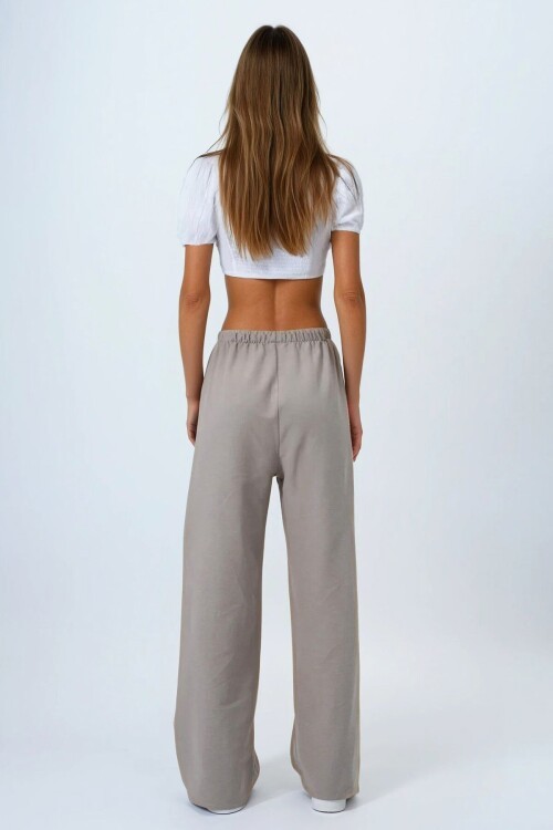 Gri Bağcıklı Beli Lastikli Palazzo Pantolon