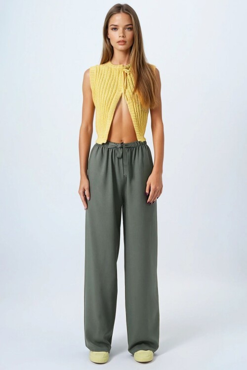 Haki Bağcıklı Beli Lastikli Palazzo Pantolon