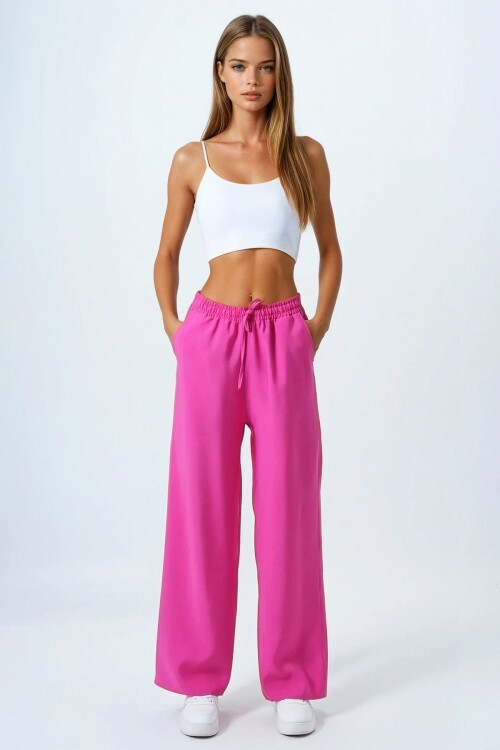 Pembe Bağcıklı Beli Lastikli Palazzo Pantolon