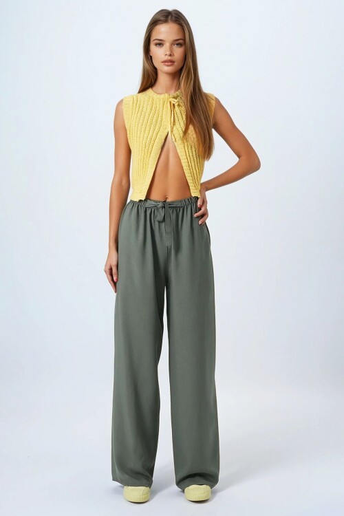 Haki Bağcıklı Beli Lastikli Palazzo Pantolon