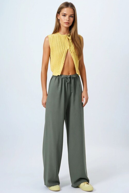Haki Bağcıklı Beli Lastikli Palazzo Pantolon
