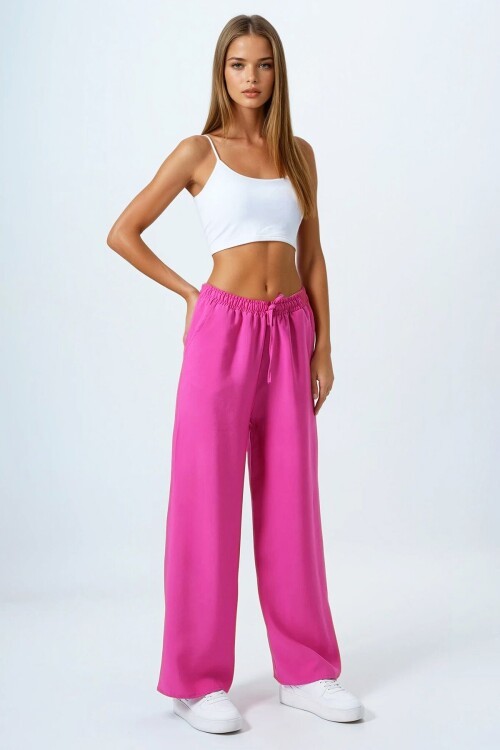 Pembe Bağcıklı Beli Lastikli Palazzo Pantolon