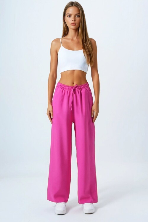 Pembe Bağcıklı Beli Lastikli Palazzo Pantolon