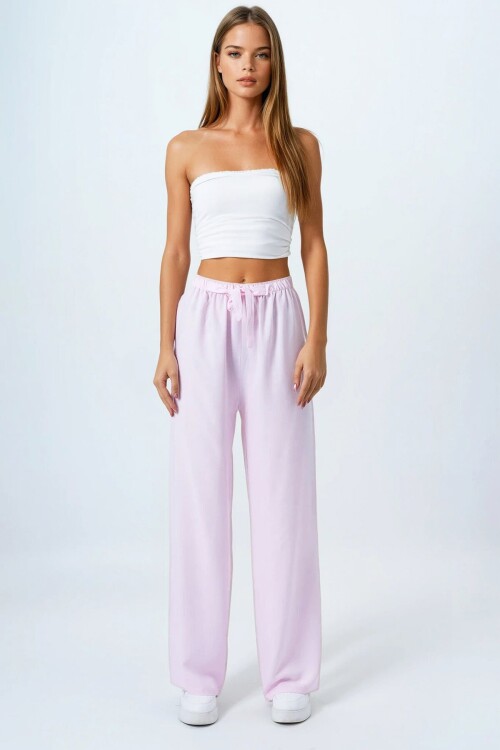 Pudra Bağcıklı Beli Lastikli Palazzo Pantolon