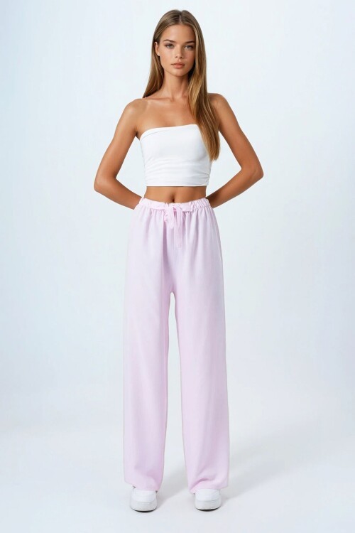 Pudra Bağcıklı Beli Lastikli Palazzo Pantolon