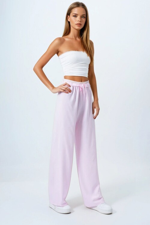 Pudra Bağcıklı Beli Lastikli Palazzo Pantolon