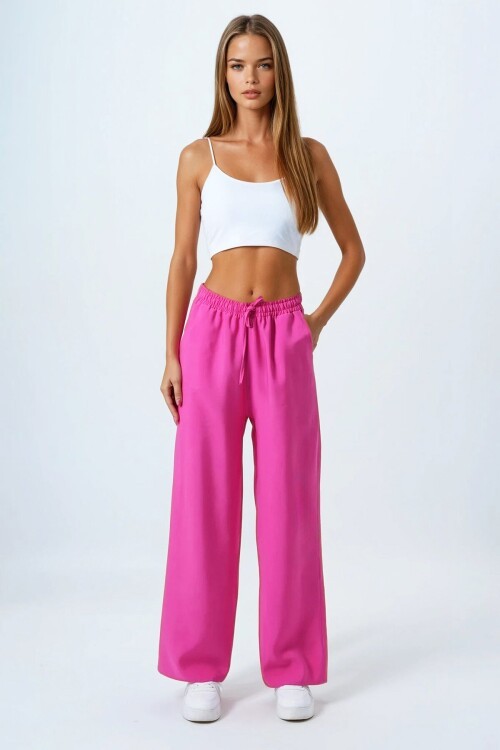 Pembe Bağcıklı Beli Lastikli Palazzo Pantolon