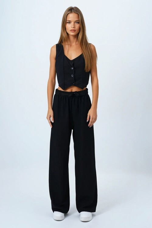 Siyah Bağcıklı Beli Lastikli Palazzo Pantolon