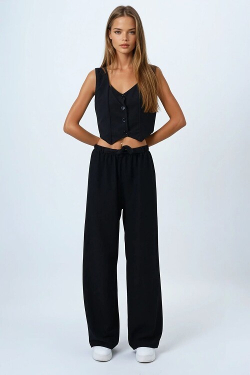 Siyah Bağcıklı Beli Lastikli Palazzo Pantolon