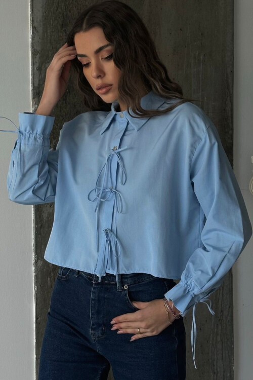 Mavi Bağcıklı Crop Dokuma Gömlek