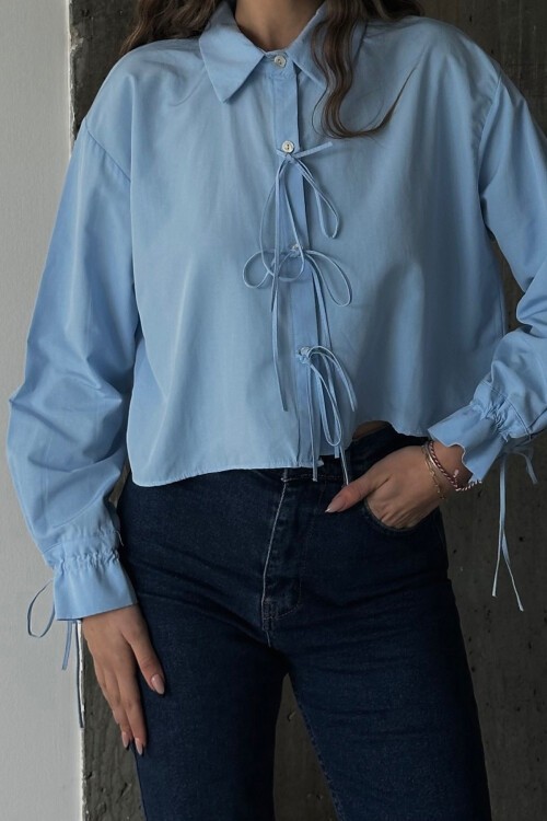 Mavi Bağcıklı Crop Dokuma Gömlek