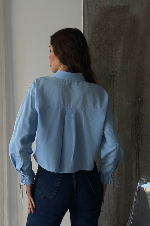 Mavi Bağcıklı Crop Dokuma Gömlek